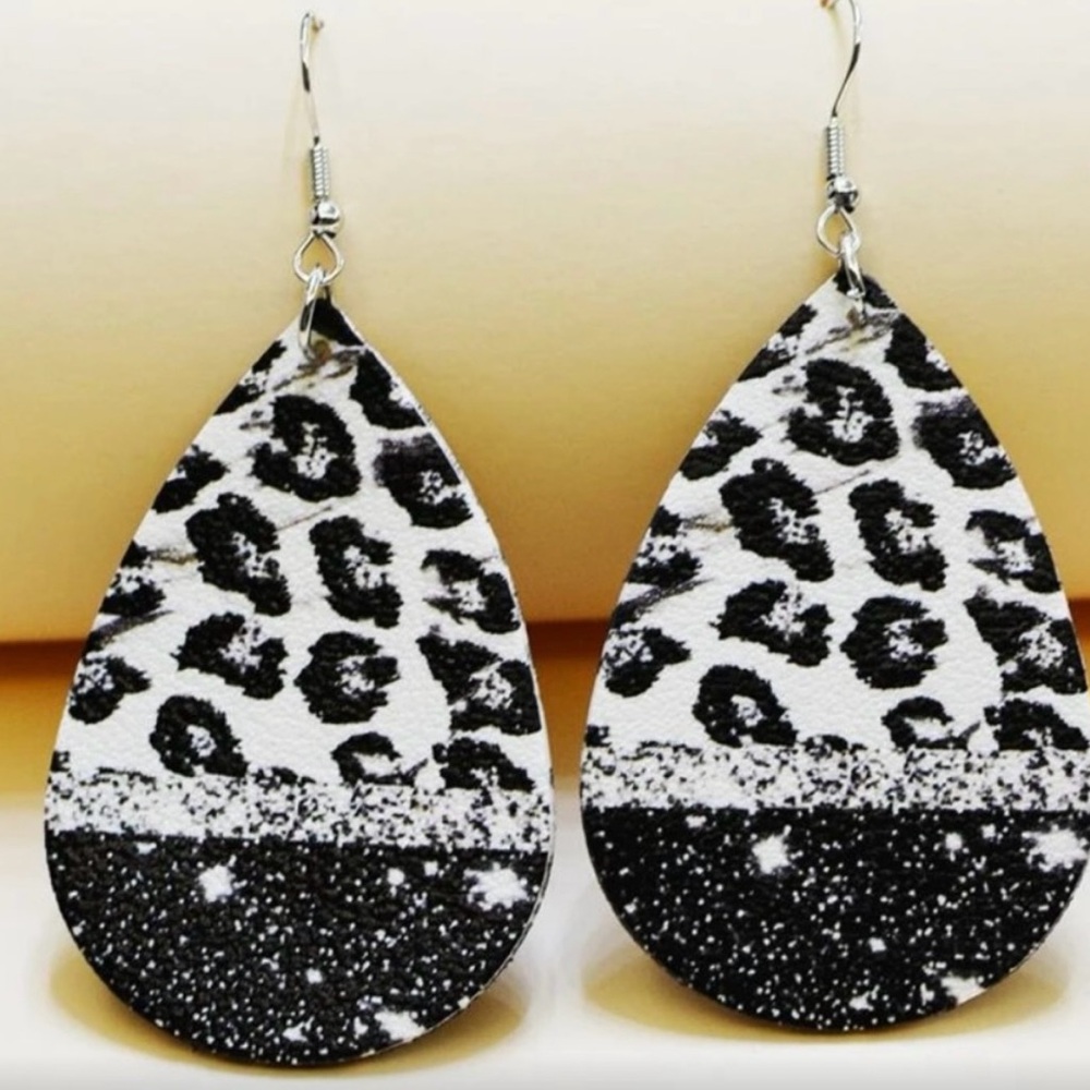 Leopard Print Teardrop Earrings - Black and White